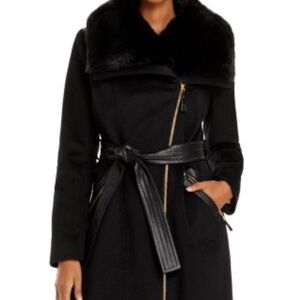 Black Via Spiga faux fur trim coat